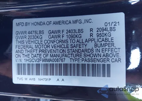 2021 Honda Accord Touring из США, поврежденный, VIN 1HGCV2F98MA008767